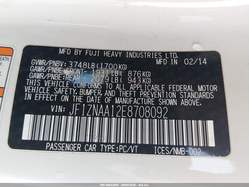 2014 Scion FR-S VIN JF1ZNAA12E8708092 IAAI salvage auction — Front End, Clear, sold $1,425 on 2026-10-14 (photo 9)