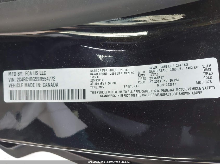 2025 Chrysler Pacifica VIN 2C4RC1BG5SR554772 IAAI salvage auction — FRONT END, Enterprise Vehicles Clear Only (California), sold $7,800 on 2026-09-10 (photo 9)