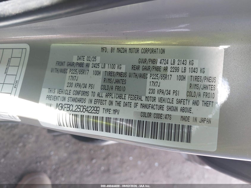 2025 Mazda Cx-5 VIN JM3KFBCL2S0642299 IAAI salvage auction — LEFT SIDE, Salvage Title, sold $8,500 on 2026-09-12 (photo 9)