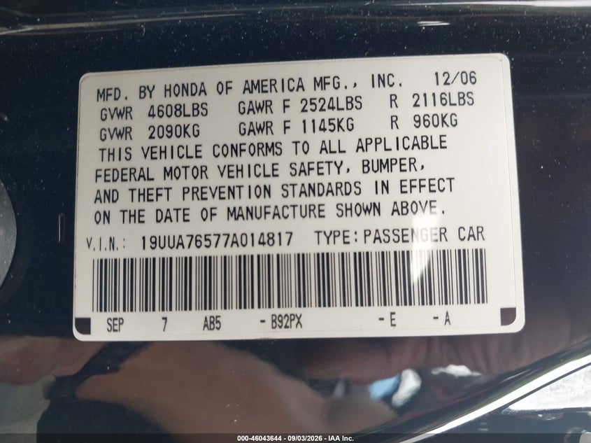 2007 Acura Tl VIN 19UUA76577A014817 IAAI salvage auction — FRONT END, Salvage (California), sold $1,100 on 2026-09-30 (photo 9)
