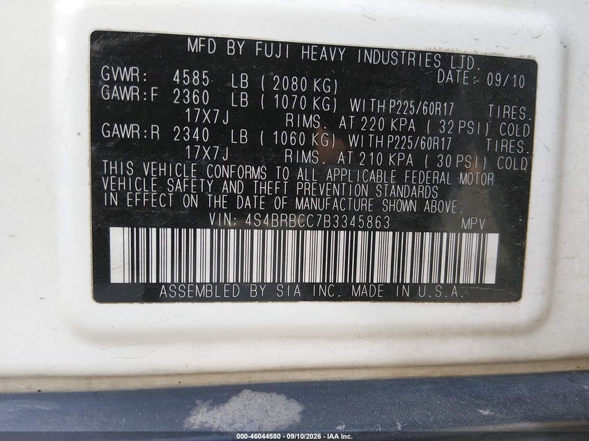 2011 Subaru Outback VIN 4S4BRBCC7B3345863 IAAI salvage auction — NORMAL WEAR, Clear - Dealer Only (California), sold $575 on 2026-09-15 (photo 9)