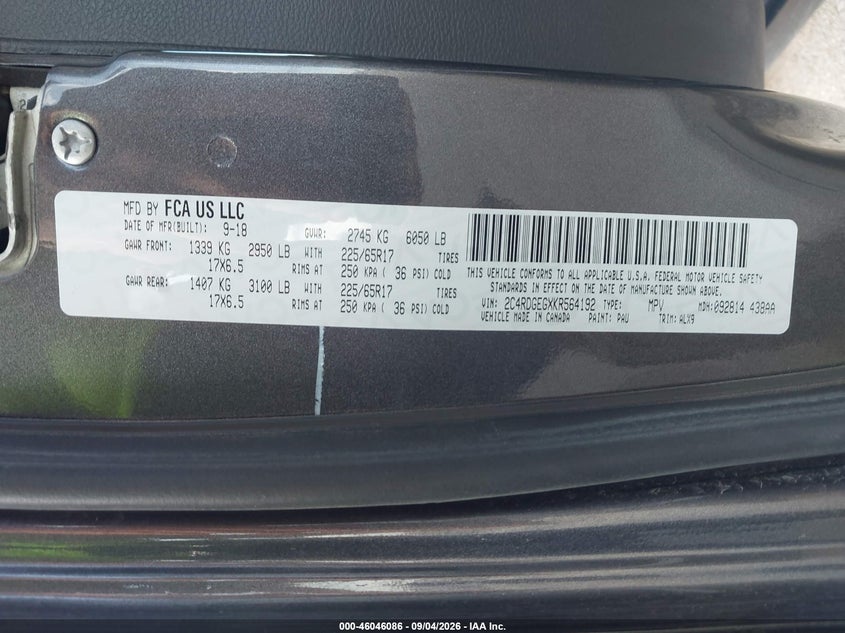 2019 Dodge Caravan VIN 2C4RDGEGXKR564192 IAAI salvage auction — FRONT END, Salvage Title, sold $5,200 on 2026-09-24 (photo 9)