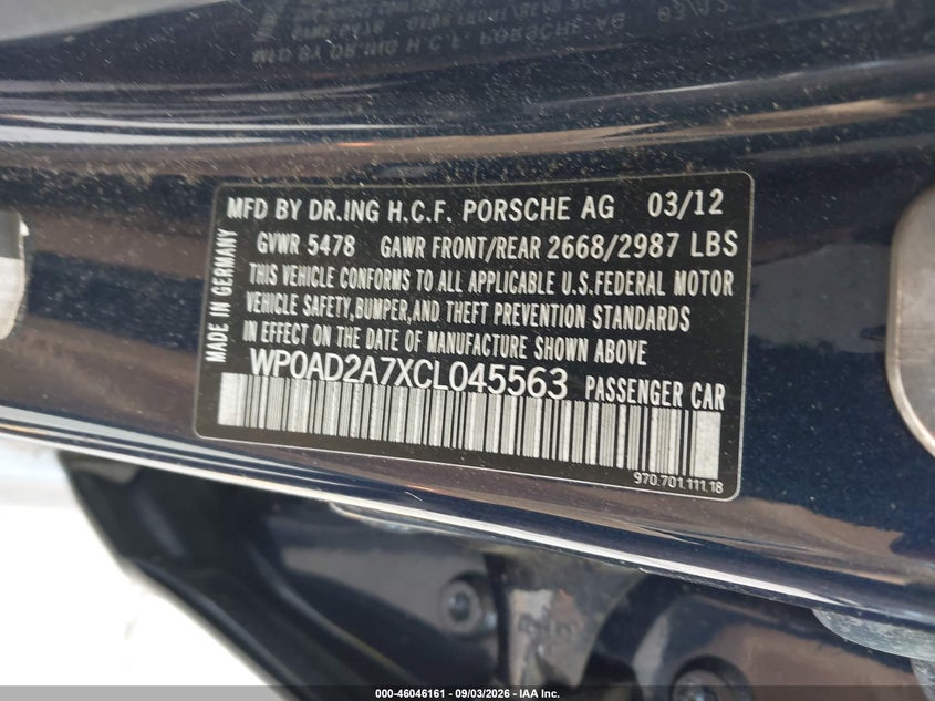 2012 Porsche Panamera VIN WP0AD2A7XCL045563 IAAI salvage auction — NORMAL WEAR, Clear - Dealer Only (California), sold $5,900 on 2026-09-21 (photo 9)