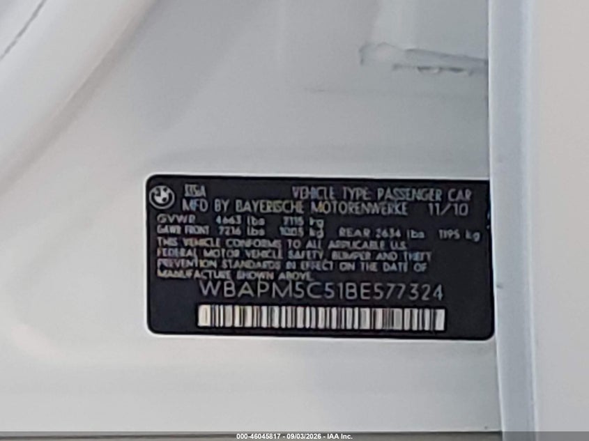 2011 BMW 3er VIN WBAPM5C51BE577324 IAAI salvage auction — NORMAL WEAR, Clear (Colorado), sold $7,150 on 2026-09-23 (photo 9)