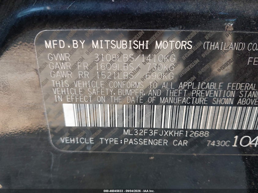 2019 Mitsubishi Mirage VIN ML32F3FJXKHF12688 IAAI salvage auction — REAR END, Salvage Title, sold $1,800 on 2026-10-01 (photo 9)