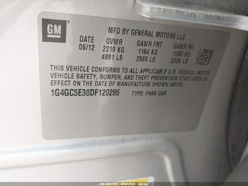2013 Buick Lacrosse VIN 1G4GC5E30DF120286 IAAI salvage auction — RIGHT FRONT, Wait Title, sold $900 on 2026-10-08 (photo 9)