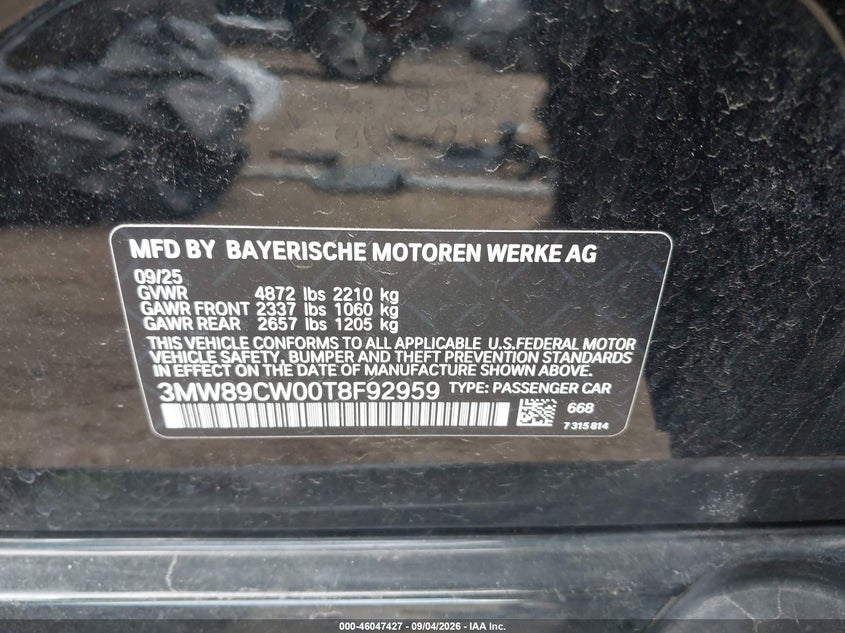 2026 BMW 3er VIN 3MW89CW00T8F92959 IAAI salvage auction — FRONT END, Salvage Title, sold $12,100 on 2026-09-26 (photo 9)
