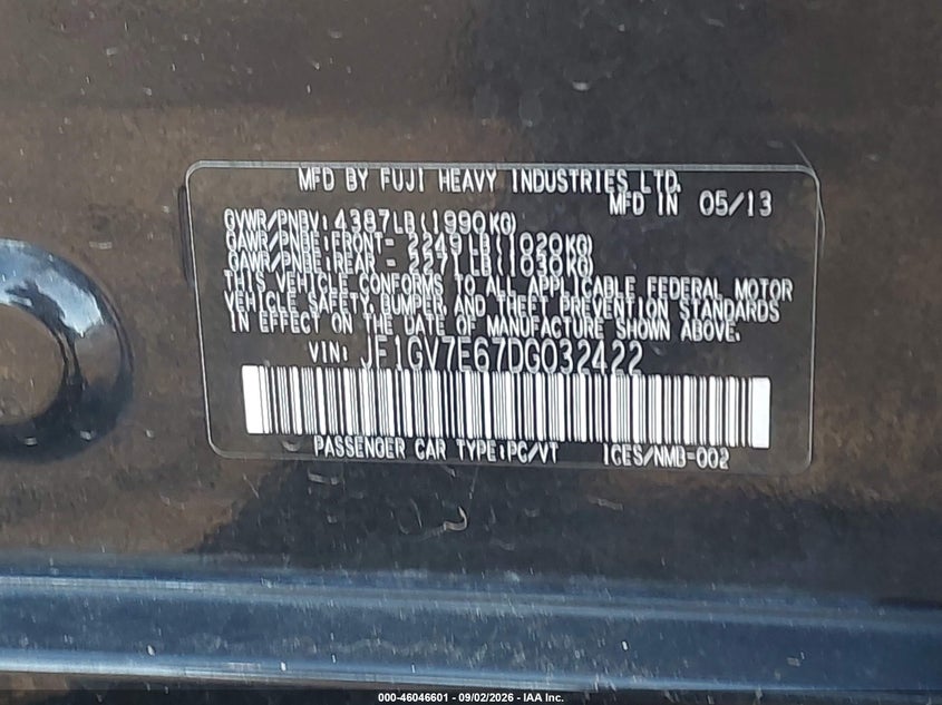 2013 Subaru Impreza wrx VIN JF1GV7E67DG032422 IAAI salvage auction — NORMAL WEAR, Clear - Dealer Only (California), sold $2,550 on 2026-09-11 (photo 9)