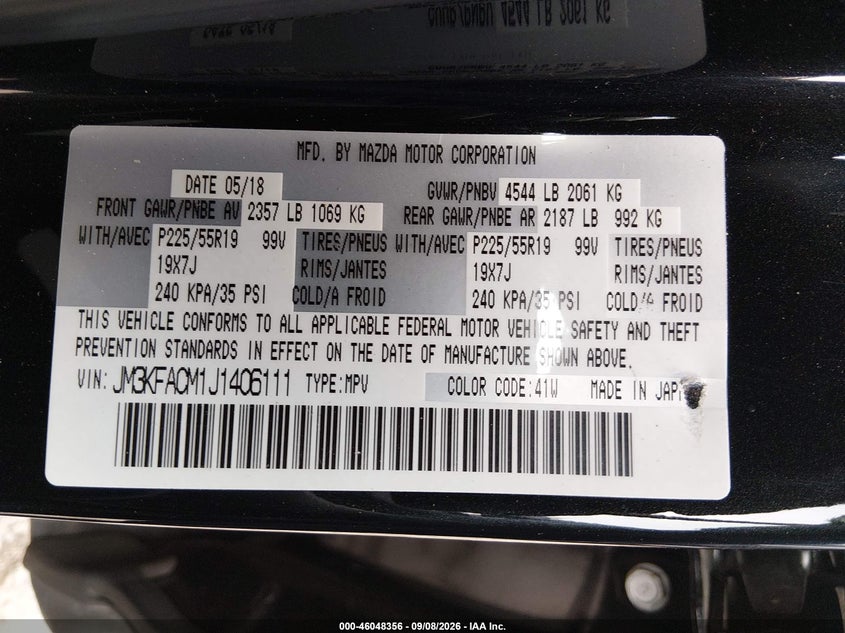 2018 Mazda Cx-5 VIN JM3KFACM1J1406111 IAAI salvage auction — REAR END, Salvage (California), sold $4,550 on 2026-09-16 (photo 9)