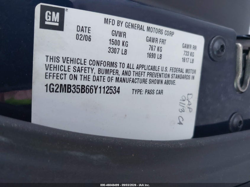 2006 Pontiac Solstice VIN 1G2MB35B66Y112534 IAAI salvage auction — NORMAL WEAR, Clear (Florida), sold $1,450 on 2026-09-16 (photo 9)