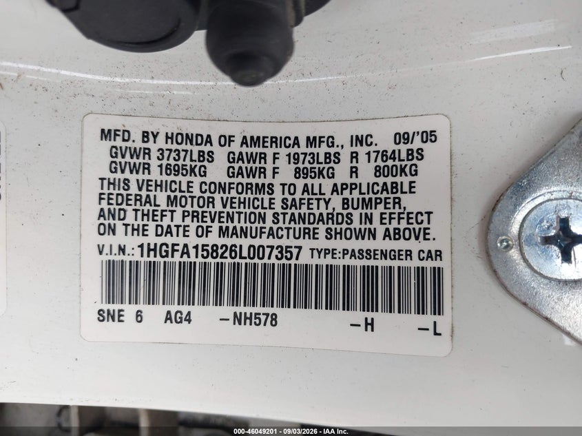 2006 Honda Civic VIN 1HGFA15826L007357 IAAI salvage auction — NORMAL WEAR, Clear (Michigan), sold $775 on 2026-09-12 (photo 9)