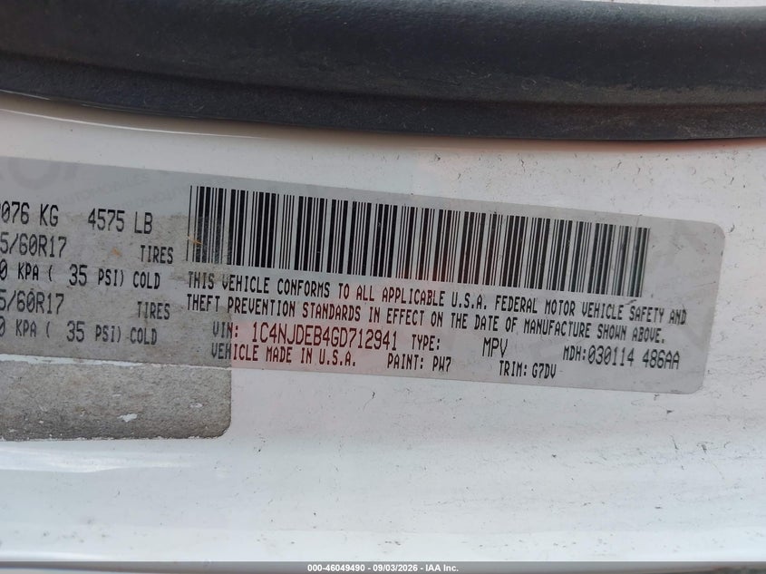 2016 Jeep Compass VIN 1C4NJDEB4GD712941 IAAI salvage auction — NORMAL WEAR, Clear (New York), sold $550 on 2026-10-08 (photo 9)
