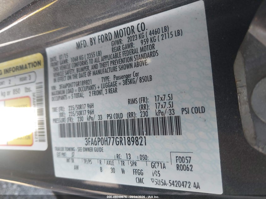 2016 Ford Fusion VIN 3FA6P0H77GR189821 IAAI salvage auction — NORMAL WEAR, Clear (Delaware), sold $0 on 2026-09-30 (photo 9)