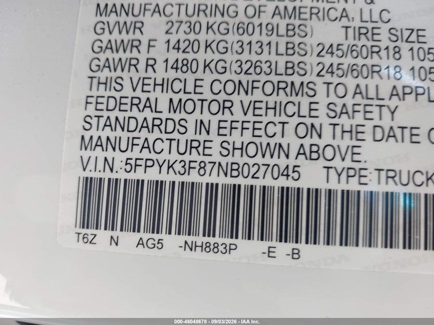 2022 Honda Ridgeline VIN 5FPYK3F87NB027045 IAAI salvage auction — REAR END, Wait Title, sold $8,725 on 2026-09-16 (photo 9)