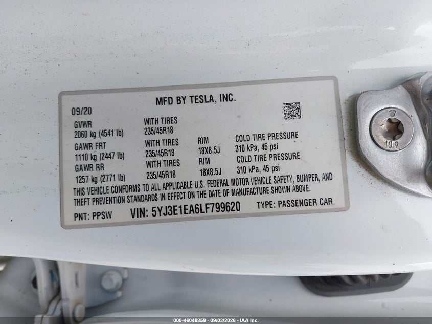 2020 Tesla Model 3 VIN 5YJ3E1EA6LF799620 IAAI salvage auction — REAR END, Clear (Florida), sold $6,950 on 2026-09-07 (photo 9)