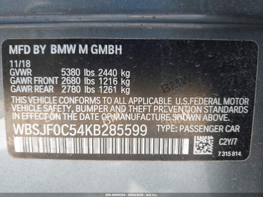 2019 BMW M5 VIN WBSJF0C54KB285599 IAAI salvage auction — WATER/FLOOD, Wait Title, sold $23,600 on 2026-10-06 (photo 9)