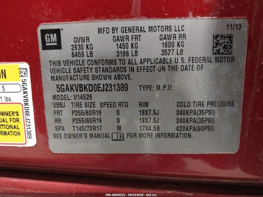 2014 Buick Enclave VIN 5GAKVBKD0EJ231389 IAAI salvage auction — SIDE, Salvage Title, sold $1,150 on 2026-10-07 (photo 9)