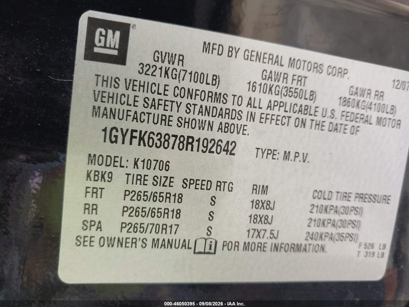 2008 Cadillac Escalade VIN 1GYFK63878R192642 IAAI salvage auction — NORMAL WEAR, Clear (Michigan), sold $1,100 on 2026-09-26 (photo 9)