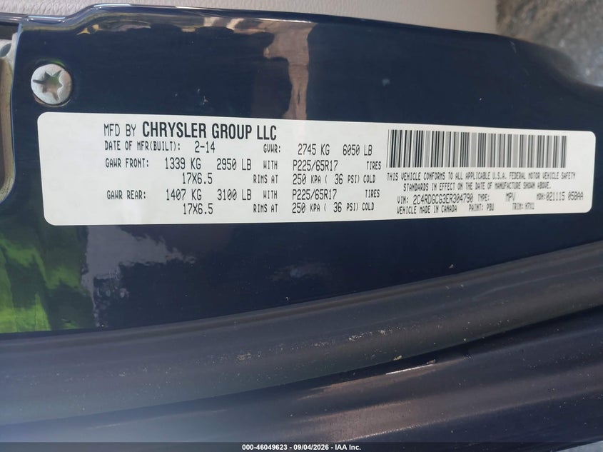 2014 Dodge Caravan VIN 2C4RDGCG3ER304790 IAAI salvage auction — FRONT END, Salvage (North Carolina), sold $675 on 2026-09-27 (photo 9)