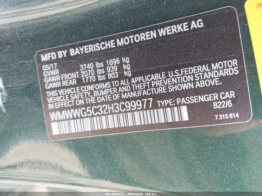 2017 Mini Convertible VIN WMWWG5C32H3C99977 IAAI salvage auction — SIDE, Wait Title, sold $2,050 on 2026-10-03 (photo 9)
