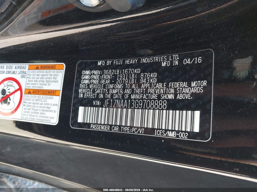 2016 Scion Fr-s VIN JF1ZNAA13G9708888 IAAI salvage auction — NORMAL WEAR, Salvage Title, sold $5,400 on 2026-09-29 (photo 9)