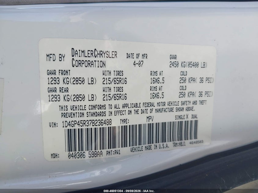 2007 Dodge Caravan VIN 1D4GP45R37B236488 IAAI salvage auction — LEFT SIDE, Salvage (Texas), sold $0 on 2026-10-01 (photo 9)