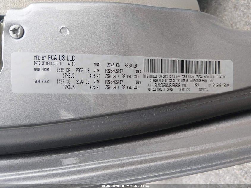 2018 Dodge Caravan VIN 2C4RDGBG1JR296636 IAAI salvage auction — NORMAL WEAR, SF97 (Maryland), sold $11,200 on 2026-10-05 (photo 9)