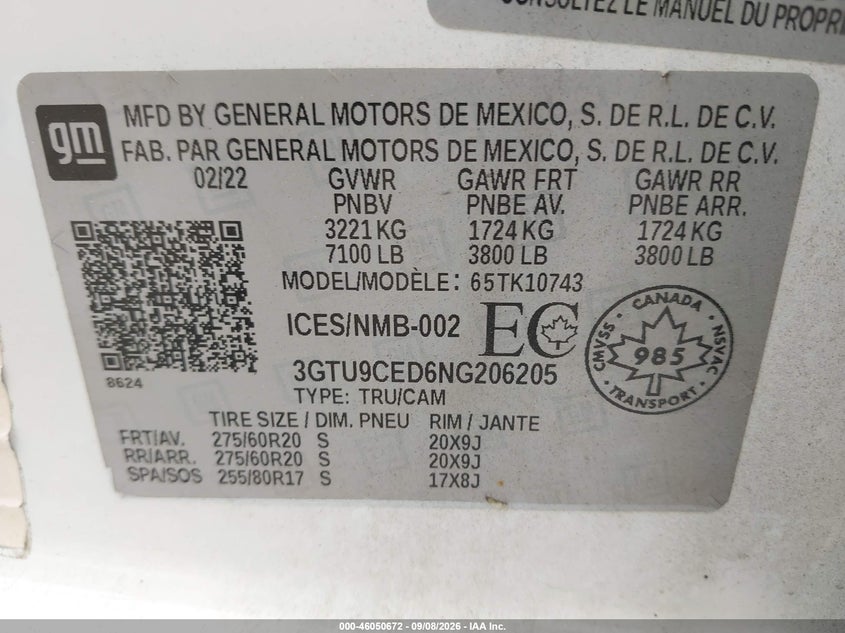 2022 Gmc SIERRA VIN 3GTU9CED6NG206205 IAAI salvage auction — FRONT END, Salvage Title, sold $7,250 on 2026-10-06 (photo 9)