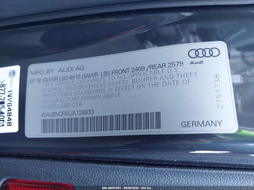 2018 Audi A5 VIN WAUBNCF56JA128833 IAAI salvage auction — REAR END, Wait Title, sold $10,125 on 2026-09-30 (photo 9)