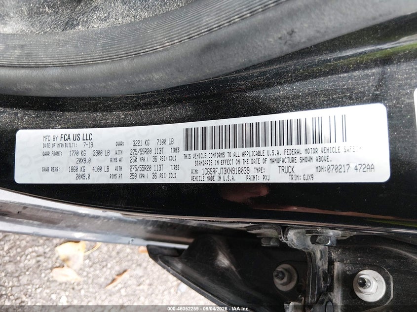 2019 Ram 1500 VIN 1C6SRFJT3KN918039 IAAI salvage auction — FRONT END, Wait Title, sold $9,000 on 2026-10-08 (photo 9)