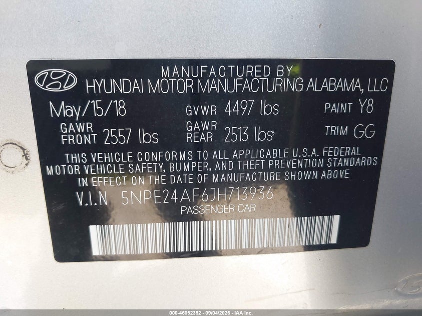 2018 Hyundai Sonata VIN 5NPE24AF6JH713936 IAAI salvage auction — RIGHT REAR, Wait Title, sold $975 on 2026-09-25 (photo 9)
