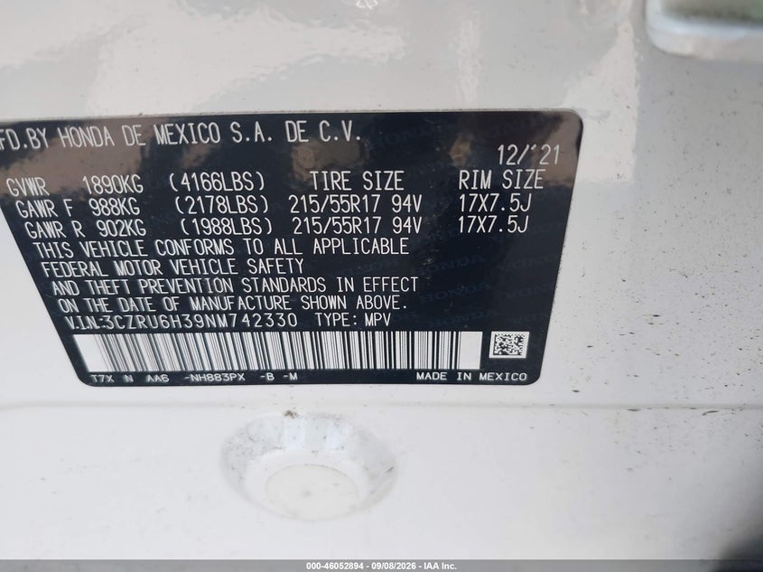 2022 Honda Hr-v VIN 3CZRU6H39NM742330 IAAI salvage auction — LEFT REAR, Wait Title, sold $8,325 on 2026-10-20 (photo 9)