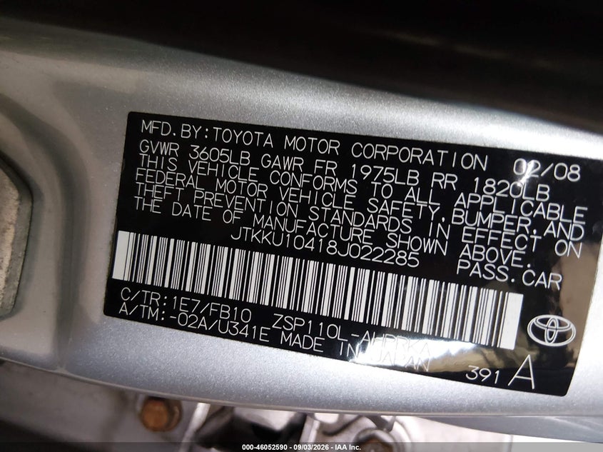 2008 Scion Xd VIN JTKKU10418J022285 IAAI salvage auction — NORMAL WEAR, Clear (Minnesota), sold $800 on 2026-09-12 (photo 9)