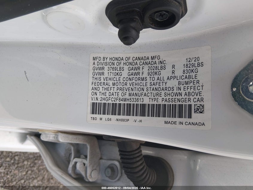 2021 Honda Civic VIN 2HGFC2F84MH533613 IAAI salvage auction — FRONT END, Clear (New Jersey), sold $5,000 on 2026-09-11 (photo 9)