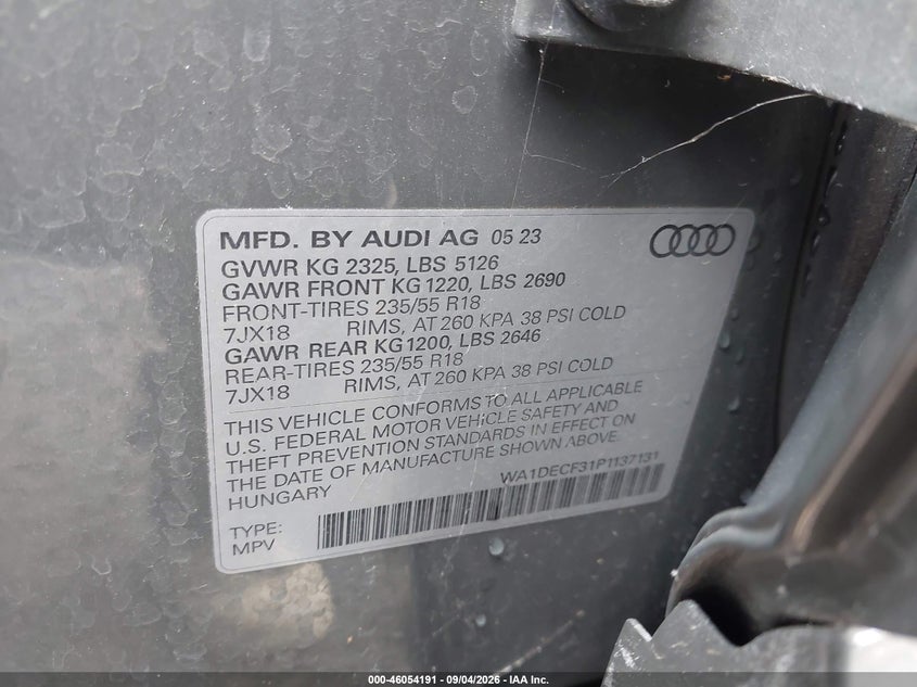 2023 Audi Q3 VIN WA1DECF31P1137131 IAAI salvage auction — SIDE, Salvage Title, sold $7,550 on 2026-10-07 (photo 9)
