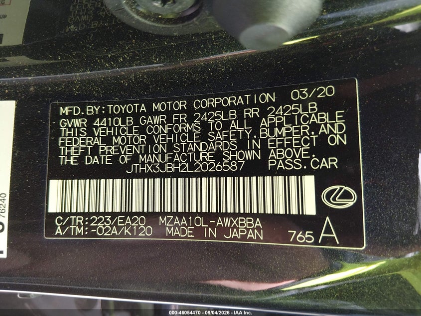 2020 Lexus Ux VIN JTHX3JBH2L2026587 IAAI salvage auction — ALL OVER, Wait Title, sold $8,300 on 2026-10-04 (photo 9)