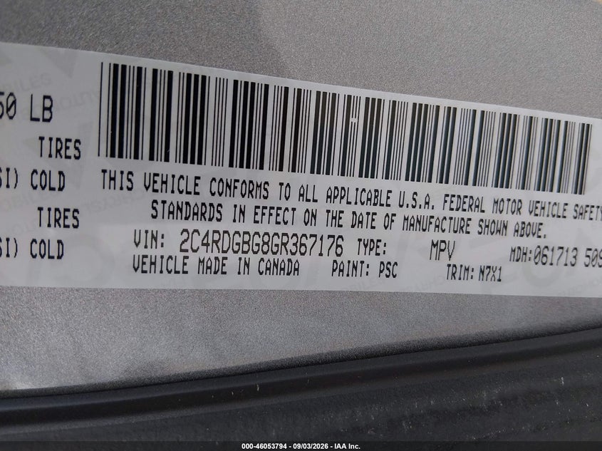2016 Dodge Grand caravan VIN 2C4RDGBG8GR367176 IAAI salvage auction — NORMAL WEAR, SF97 (California), sold $10,600 on 2026-09-17 (photo 9)