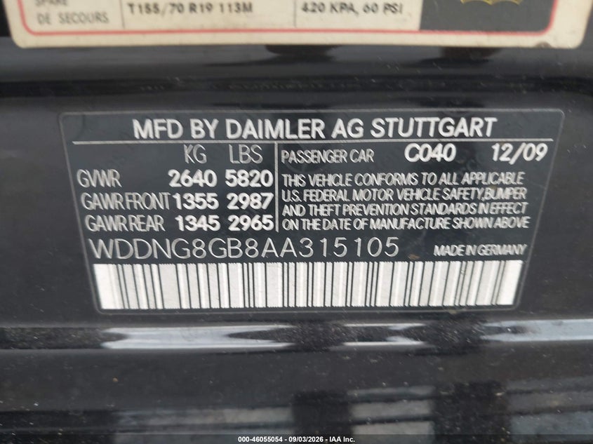 2010 Mercedes-benz S class VIN WDDNG8GB8AA315105 IAAI salvage auction — NORMAL WEAR, Clear (Florida), sold $25 on 2026-10-04 (photo 9)