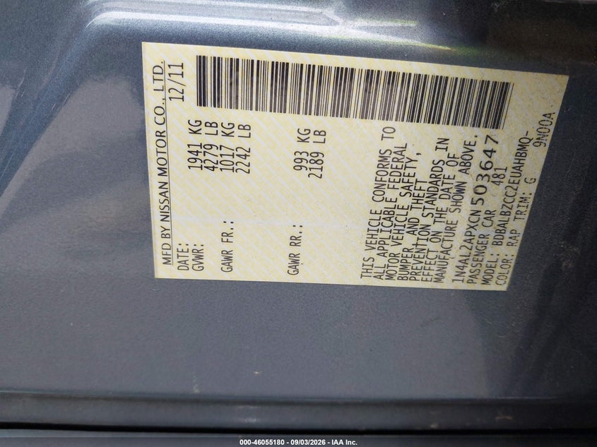 2012 Nissan Altima VIN 1N4AL2APXCN503647 IAAI salvage auction — NORMAL WEAR, Salvage Title, sold $400 on 2026-09-26 (photo 9)