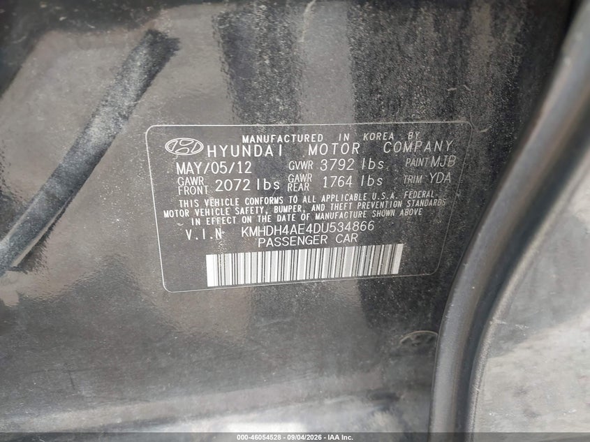 2013 Hyundai Elantra VIN KMHDH4AE4DU534866 IAAI salvage auction — LEFT FRONT, Wait Title, sold $300 on 2026-10-06 (photo 8)