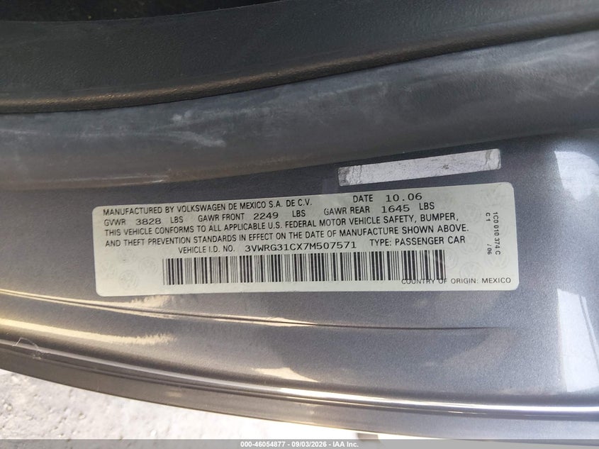2007 Volkswagen Beetle VIN 3VWRG31CX7M507571 IAAI salvage auction — NORMAL WEAR, App For Dup Clear (California), sold $700 on 2026-09-11 (photo 9)