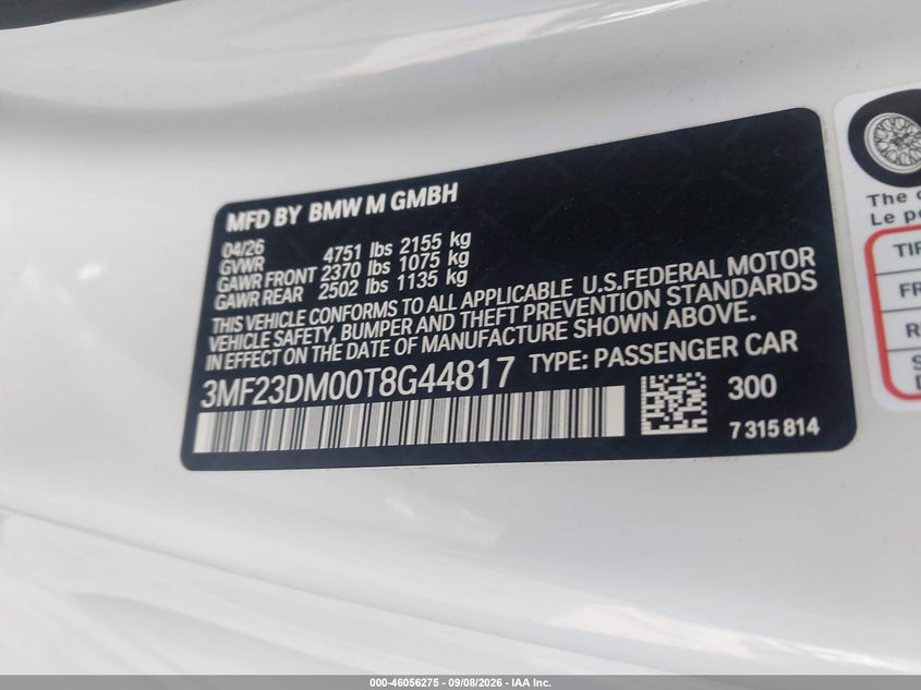 2026 BMW M2 VIN 3MF23DM00T8G44817 IAAI salvage auction — REAR END, Clear (California), sold $51,250 on 2026-09-16 (photo 9)