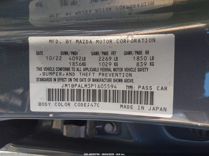 2023 Mazda 3 VIN JM1BPALM3P1605594 IAAI salvage auction — THEFT, Salvage Title, sold $11,450 on 2026-09-23 (photo 9)