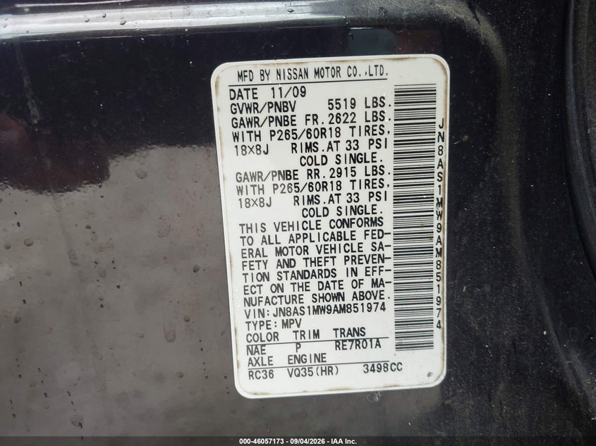2010 Infiniti Fx35 VIN JN8AS1MW9AM851974 IAAI salvage auction — NORMAL WEAR, Repossession Paperwork (Georgia), sold $1,325 on 2026-10-04 (photo 9)