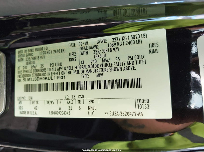 2019 Lincoln Mkc VIN 5LMTJ3DH0KUL11931 IAAI salvage auction — LEFT FRONT, Wait Title, sold $4,900 on 2026-09-28 (photo 9)