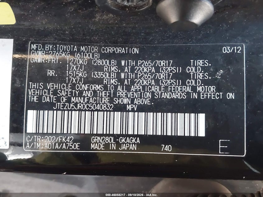 2012 Toyota 4runner VIN JTEZU5JR0C5040832 IAAI salvage auction — REPOSSESSION, Original (Texas), sold $6,150 on 2026-10-05 (photo 9)