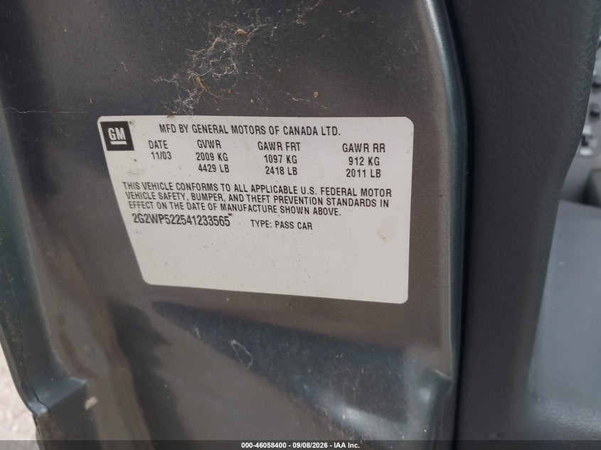 2004 Pontiac Grand prix VIN 2G2WP522541233565 IAAI salvage auction — NORMAL WEAR, Clear (Michigan), sold $375 on 2026-09-22 (photo 9)