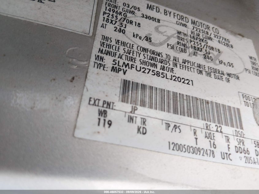 2005 Lincoln Navigator VIN 5LMFU27585LJ20221 IAAI salvage auction — REPOSSESSION, Nrc Lienholder Repossession Paperwork (Texas), sold $0 on 2026-09-30 (photo 9)