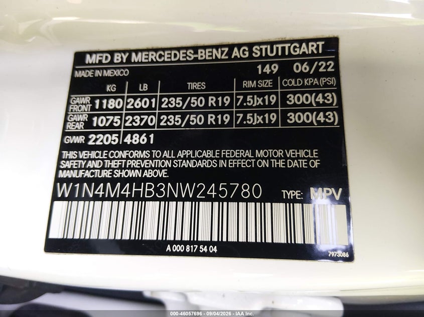 2022 Mercedes-benz Glb VIN W1N4M4HB3NW245780 IAAI salvage auction — RIGHT FRONT, Salvage Title, sold $10,300 on 2026-10-22 (photo 9)