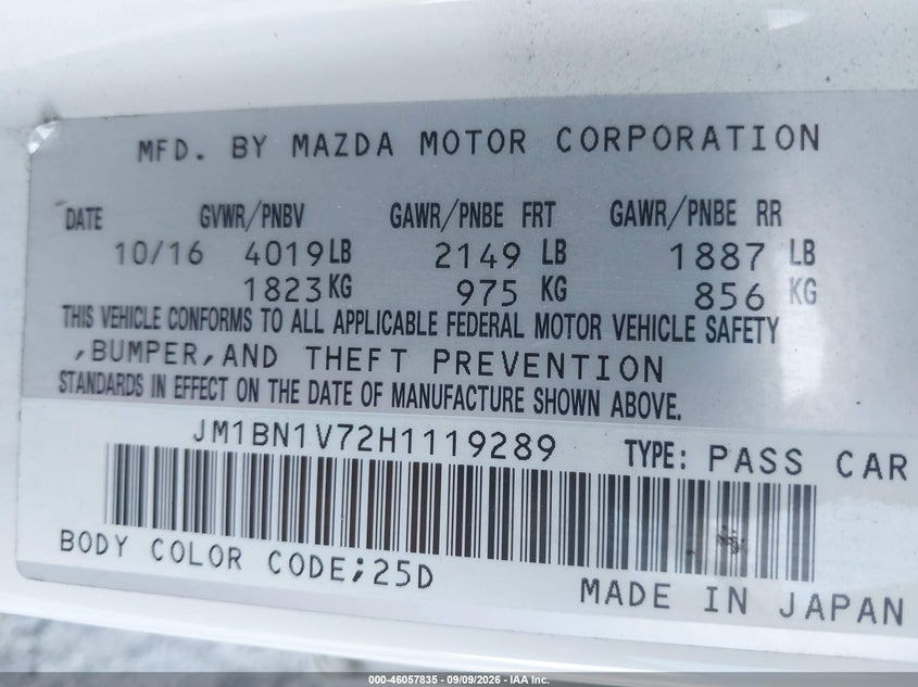 2017 Mazda 3 VIN JM1BN1V72H1119289 IAAI salvage auction — FRONT & REAR, Wait Title, sold $2,125 on 2026-10-08 (photo 9)